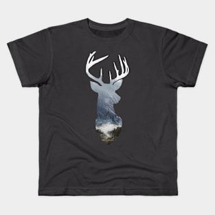 Deer Silhouette in Misty Scotland Forest Wild River Scene Kids T-Shirt